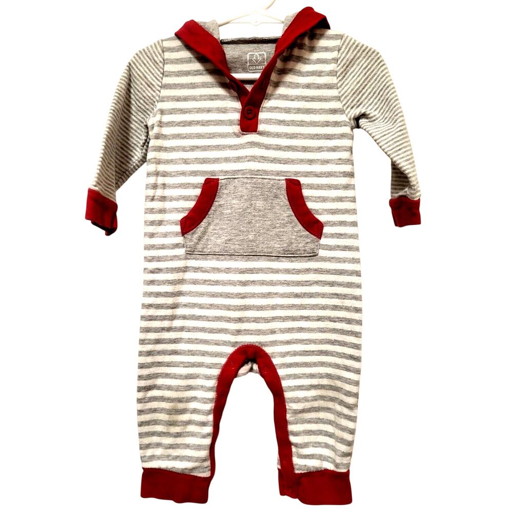 Gray White Striped Sleeper Red Trim Kangaroo Pocket Infant 6-12 Months Old Navy